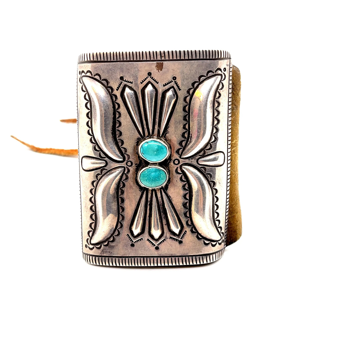 Vintage One of a Kind Sterling Silver and Turquoise Bowguard on Leather  Signed and dated around the 1900s  NOTE: Please bear that in mind that, when you purchase vintage, it might not be perfect, but it will be authentic. Please contact shop@sbvail.com if you have additional questions about the nature and condition of the product.