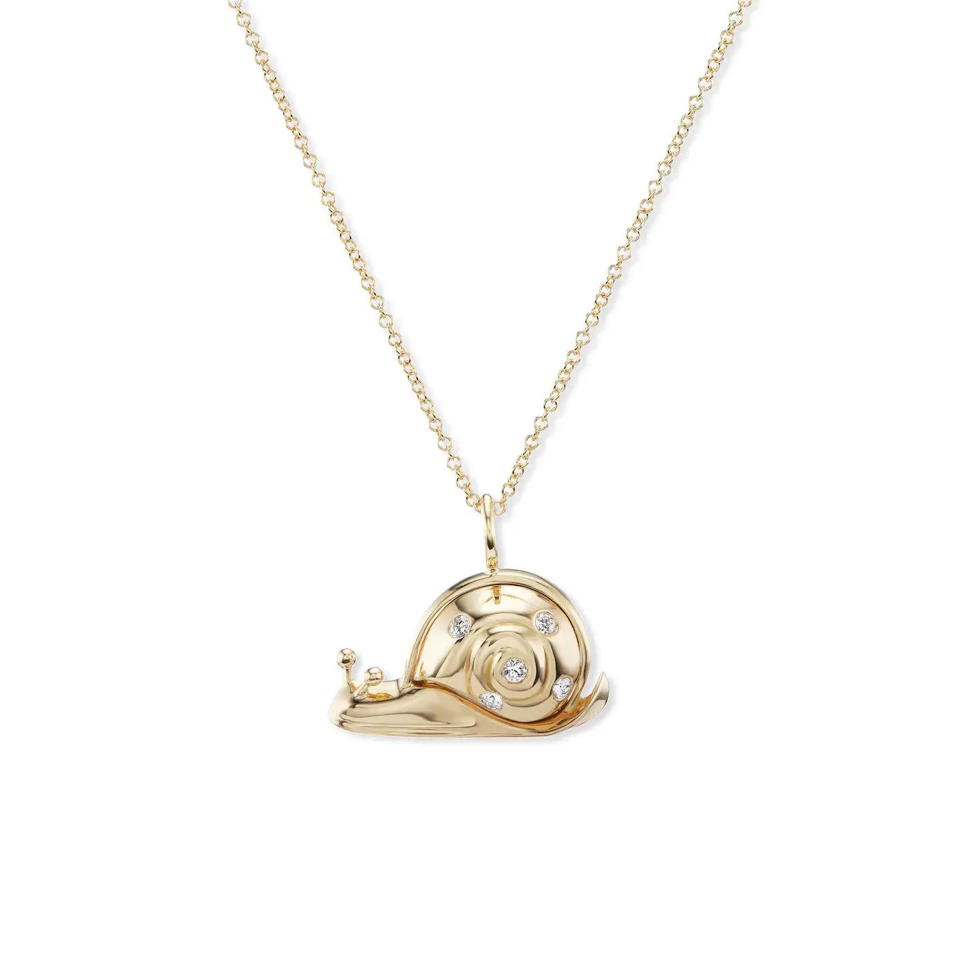 What a playful design, this Brent Neale pendant represents the free-spirited feeling that true luxury is unique, surprising and fun. Hanging at the center of the 18K yellow gold chain is a small 18K yellow gold snail set with brilliant white diamonds.  Total length is 16 inches. The 18K yellow gold snail pendant measures 3/4" x 7/8" including the bale. The diamonds are 1.5mm diameter each and pendant is 0.5" x 0.85".