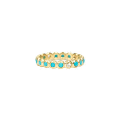 18K yellow gold bezel band with 2mm round turquoise cabochons and rose cut diamonds. Band is an eternity  Ring Size: 6.5  If you need a different size, please email shop@sbvail.com  Designed by Samantha Louise