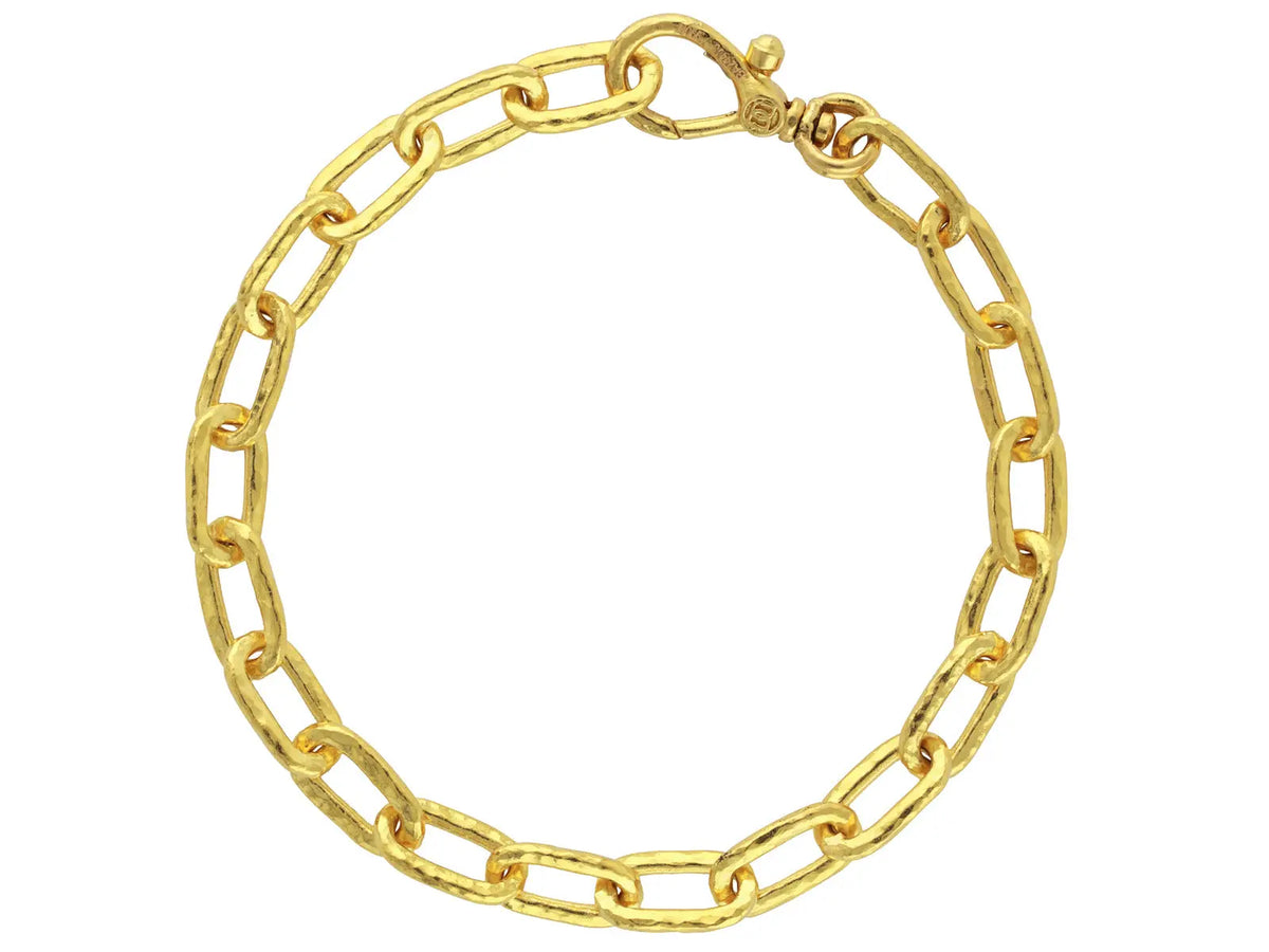 Gurhan&#39;s pieces are all handmade in Turkey in 24k gold. This is his take on the classic paperclip link bracelet. The ovals are 9mm and the length is 7.75 inches.