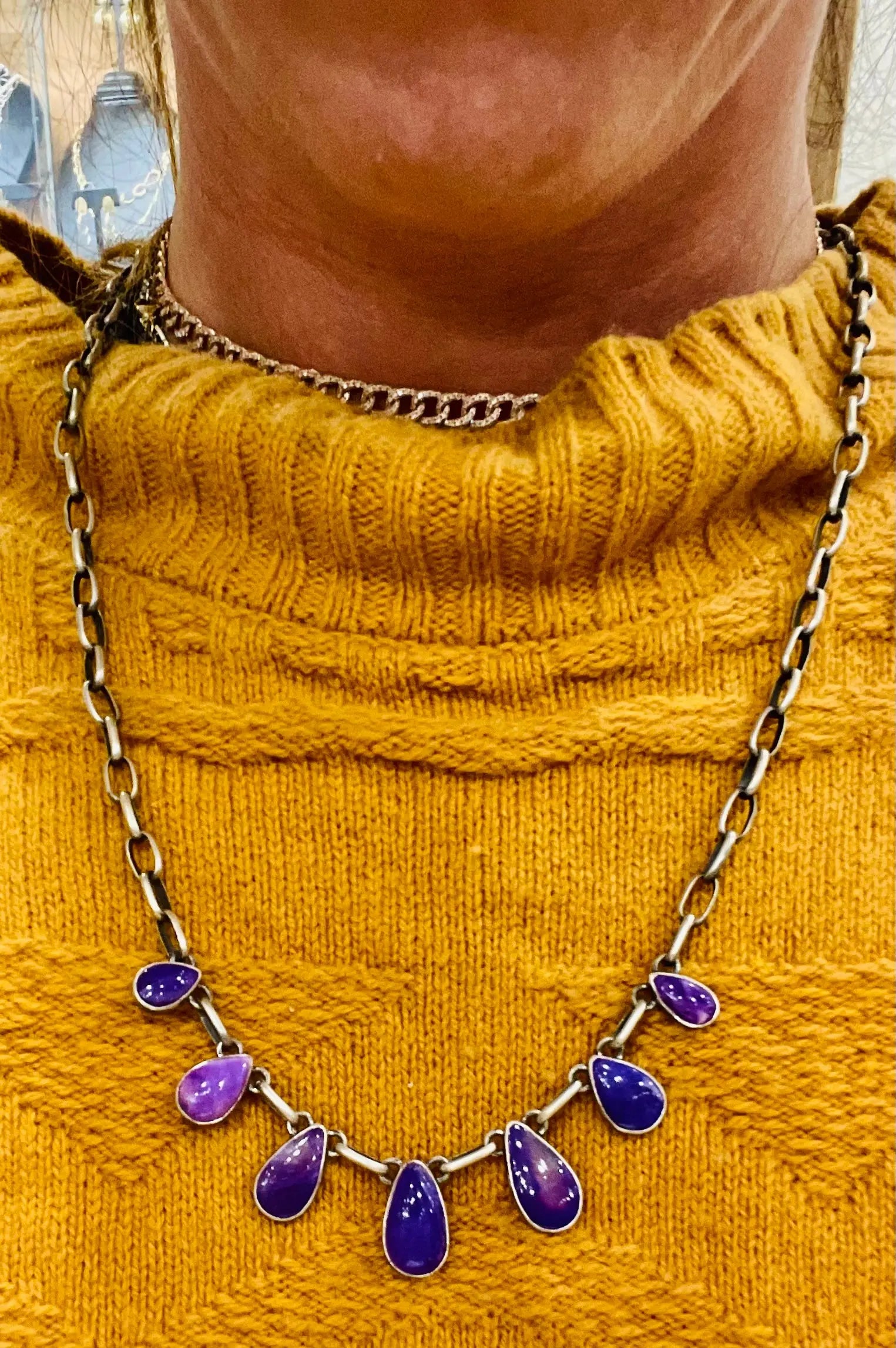 Sugilite 7 Piece Necklace and SS Chain - Squash Blossom Vail