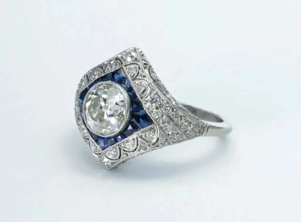 Old European Cut Diamonds with blue sapphires Ring - Squash Blossom Vail