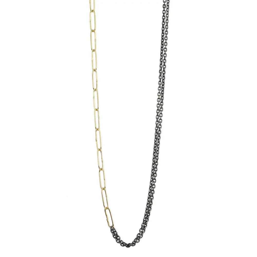 Half handmade 18k gold links, half oxidized sterling silver double chain.  Versatile necklace can be worn with gold links in front, or half/half as pictured. Can also be worn wrapped three times around the wrist as a bracelet!