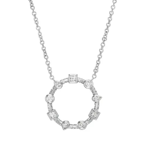 Diversity is celebrated in this circle of princess, pear, and round diamonds linked by pave knife edge. Set in 18k, this necklace features 1.02 ctw of white diamonds.  If item is out of stock, please allow for 4-6 weeks for delivery  Designed by Meredith Young
