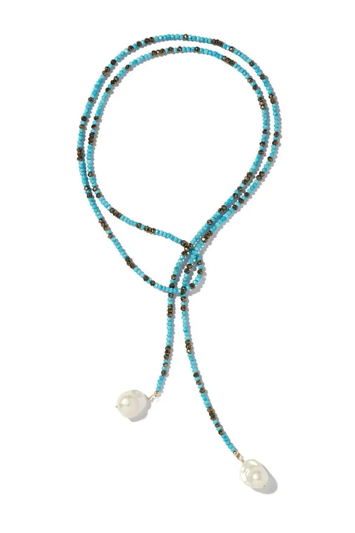 Turquoise and Pyrite Ombre Classic Gemstone Lariat - Squash Blossom Vail