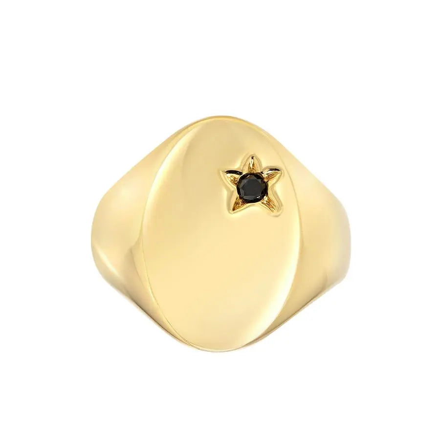 The DRU. Classic Star Signet is the perfect size and weight for the pinky, but it can be worn comfortably on any finger. It features a precious stone of your choice set in a hand-engraved star. It is a contemporary piece that was inspired by antique and vintage signets.  The height of the ring is 16 mm and the face is 11 mm wide.  Weight: 8 g  Ring Size: 4.5  If you need a different size, please email shop@sbvail.com  Designed by DRU Jewelry