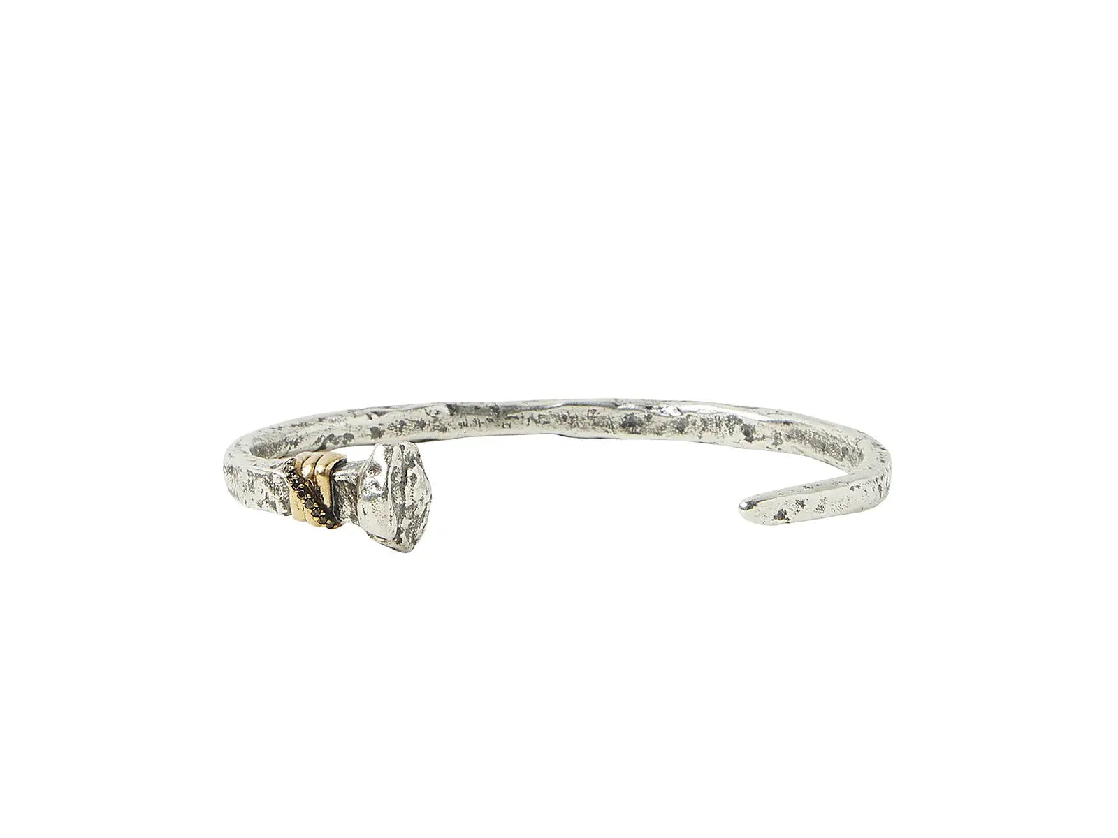 Cuff, Silver and Brass, distressed single silver nail with a brass wire wrap, (9) black diamonds, 0.054cts - Squash Blossom Vail