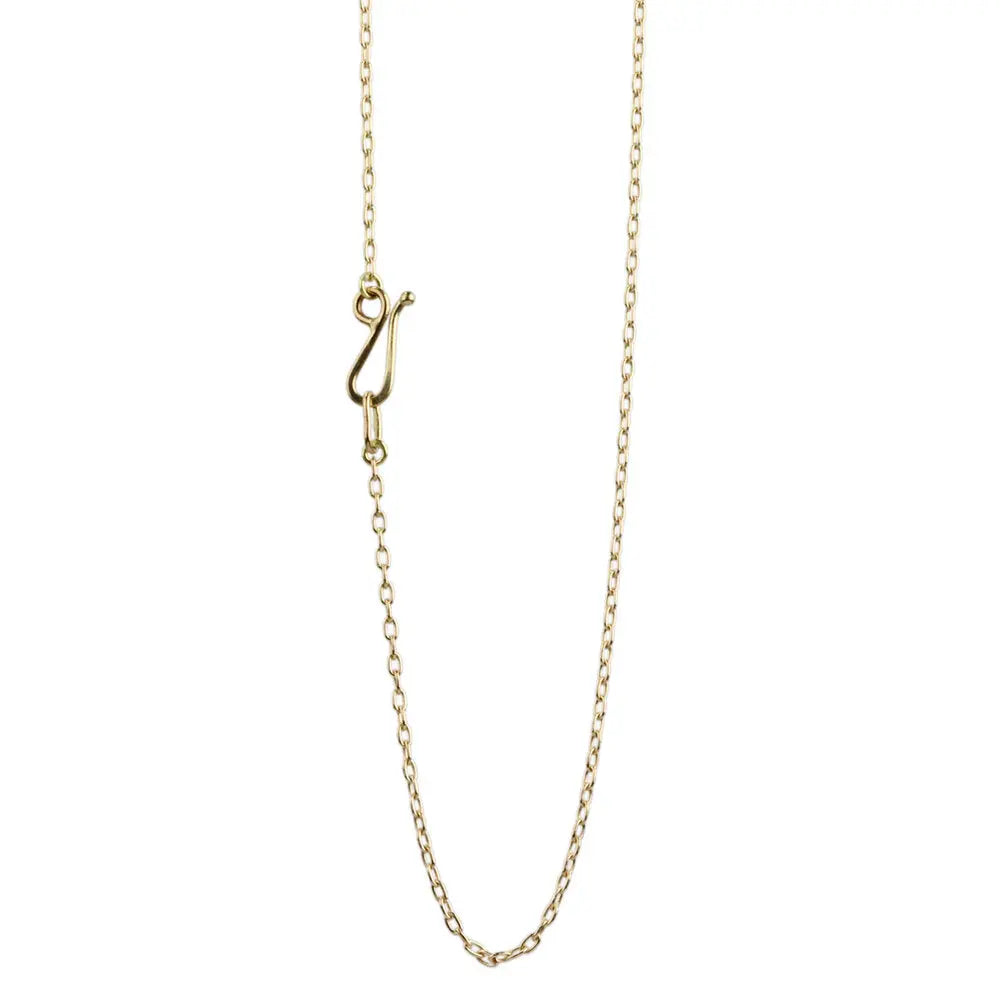 14k gold chain with a 14k yellow gold s-clasp. Elongated jump ring allows pendants to slip over.      1.1mm cable chain, 18 long (length includes clasp)