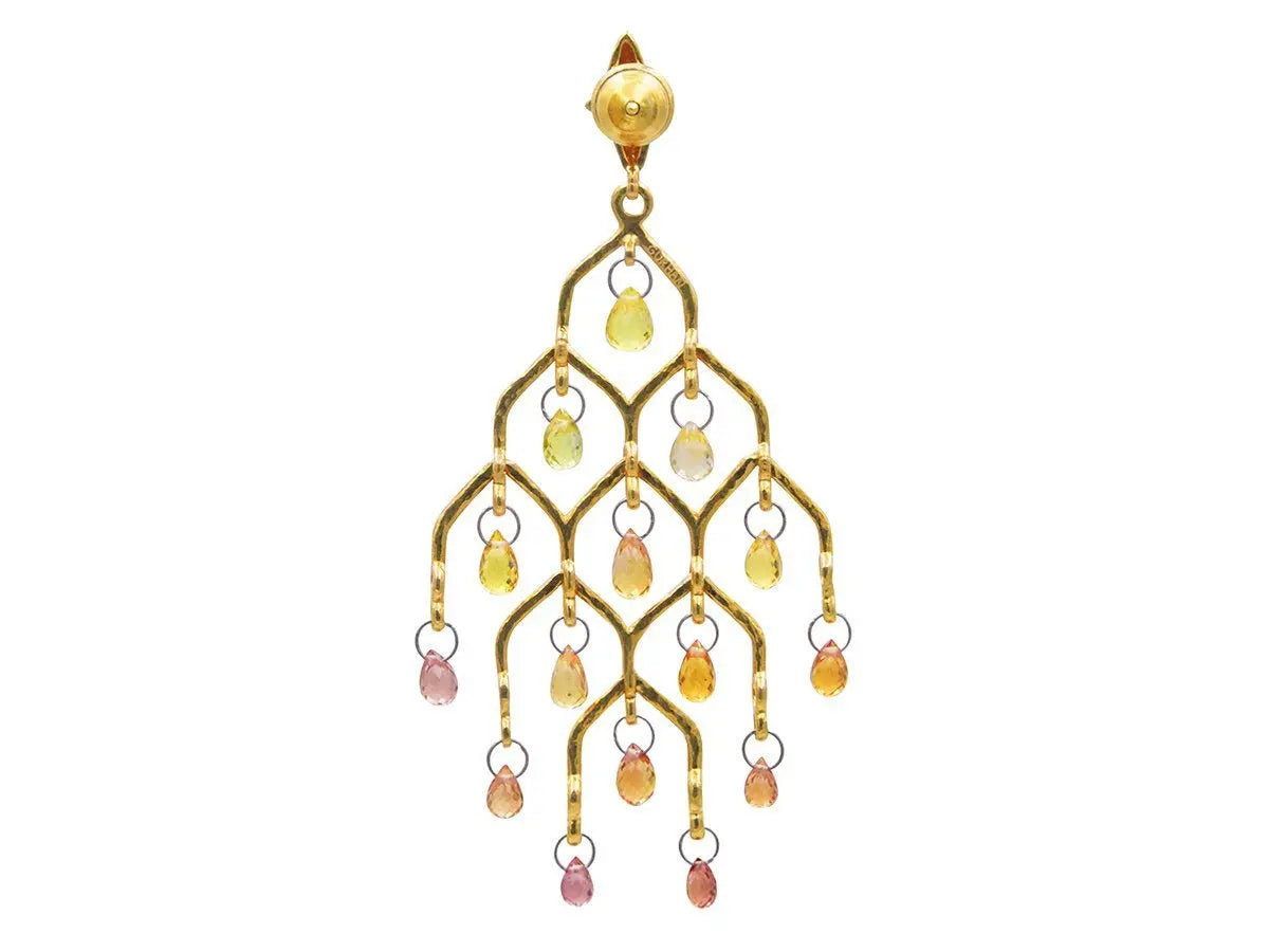 One-of-a-Kind Dew Hue Gold Chandelier Earrings, with Sapphire - Squash Blossom Vail