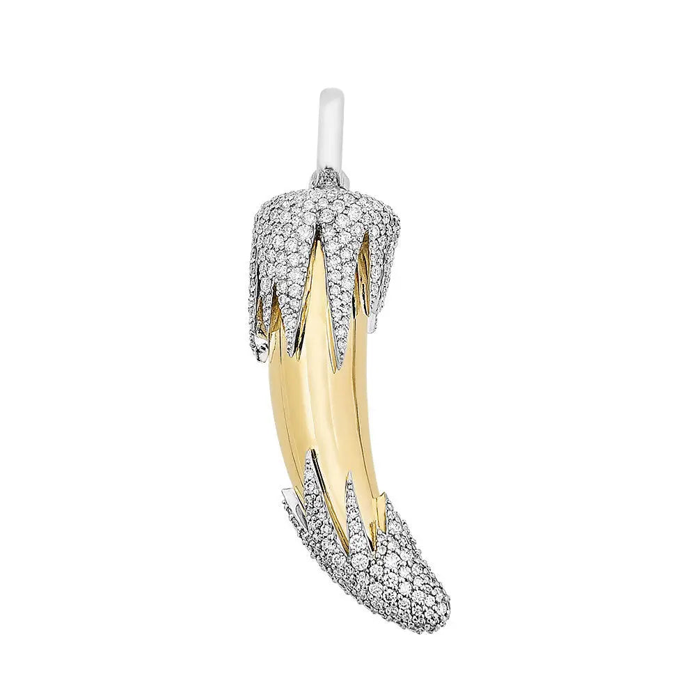 Large spike pendant with hinged bale and diamond frosting on silver. 13 grams plus 18k and 2.5 carats white diamonds.  Large spike pendant with 18k yellow gold   Designed by Feral Jewelry