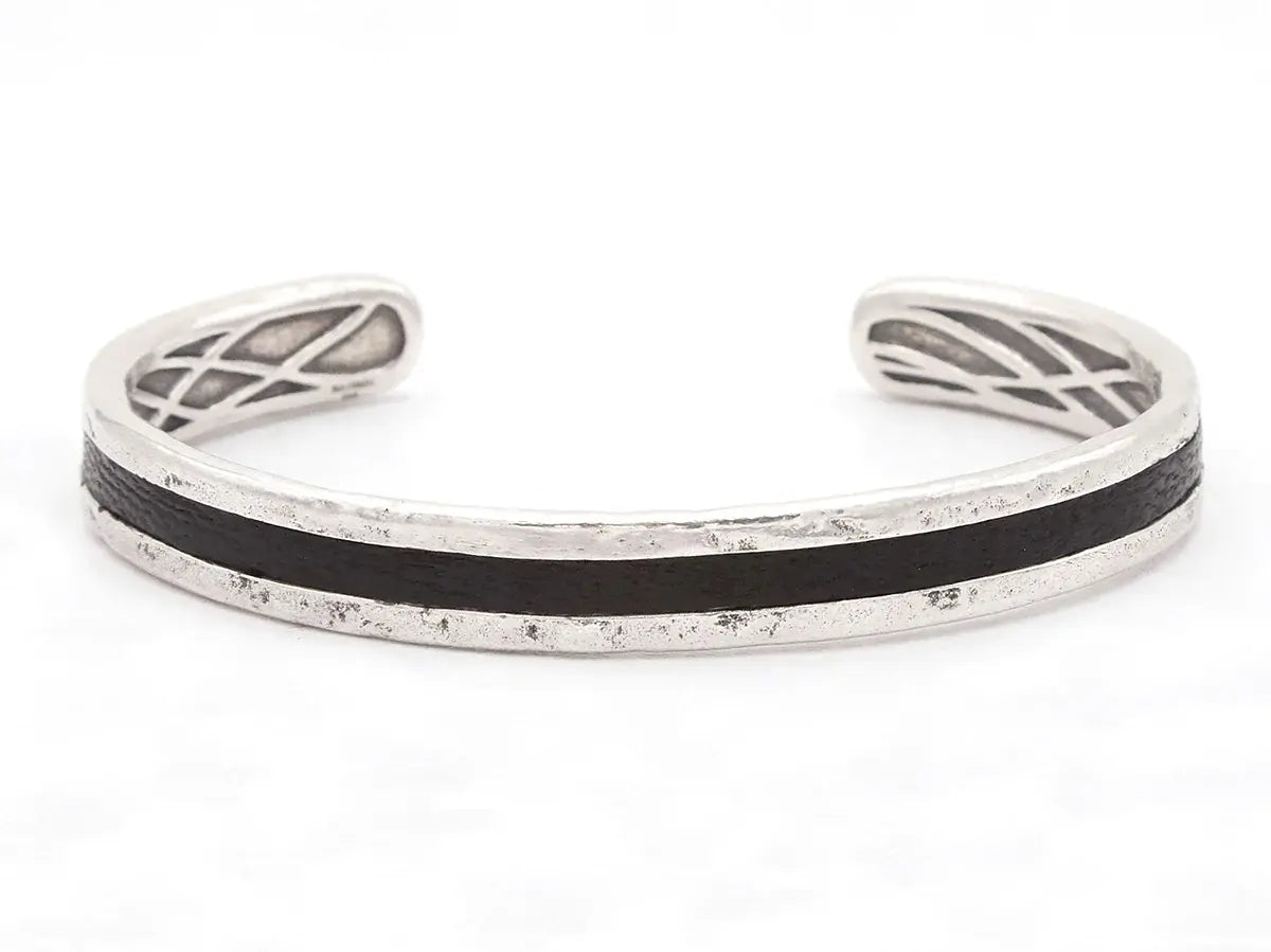 Leather Sterling Silver Cuff Bracelet, Medium, with No Stone - Squash Blossom Vail