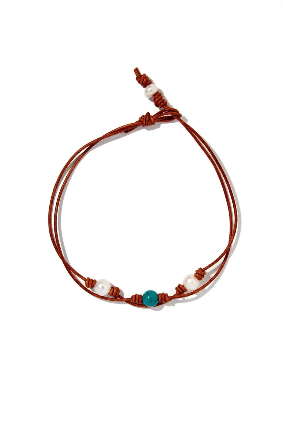 Double Strand Pearl and Leather Turquoise Choker - Squash Blossom Vail