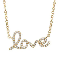 14k Yellow Gold Diamond Necklace with a cursive LOVE. The chain is 18 inches.  "Love" Pave Script Necklace with white diamonds .1 cttw of diamonds.  46 diamonds  Length: 18 inches with a jump ring at 16 inches