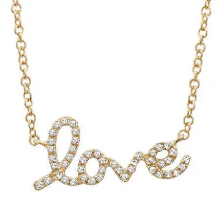 14k Yellow Gold Diamond Necklace with a cursive LOVE. The chain is 18 inches.  &quot;Love&quot; Pave Script Necklace with white diamonds .1 cttw of diamonds.  46 diamonds  Length: 18 inches with a jump ring at 16 inches