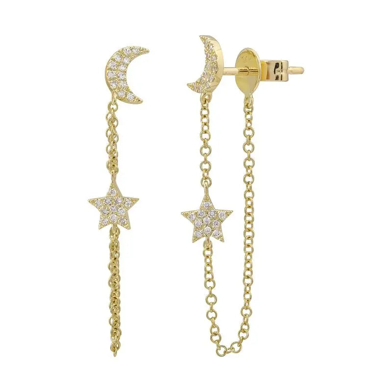 Moon & Star Diamond Chain Earrings