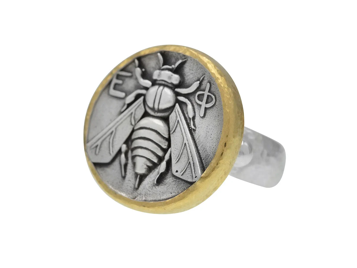 Coin Sterling Silver Center Stone Ring, Bee Emblem - Squash Blossom Vail