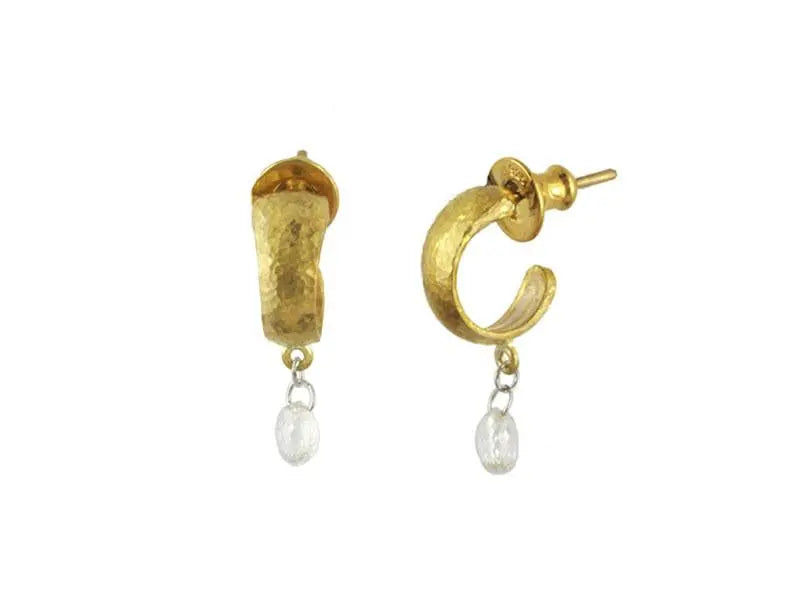 Dew Diamond Gold Charm Earrings, Domed Hoop, with Diamond - Squash Blossom Vail