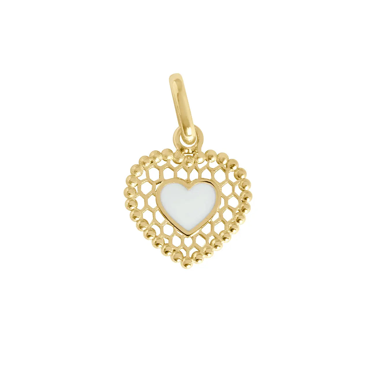 The spirit of Rock paired with a tender heart. The "Lace Heart" is breaking the rules. A tad bit of delicacy and a lot of character! Each jewel is unique, artisanally made in its family-owned workshop. The pendant is 18k yellow gold and resin. The pendant measures 0.35" (with bail 0.59"), Pendant sold without chain.