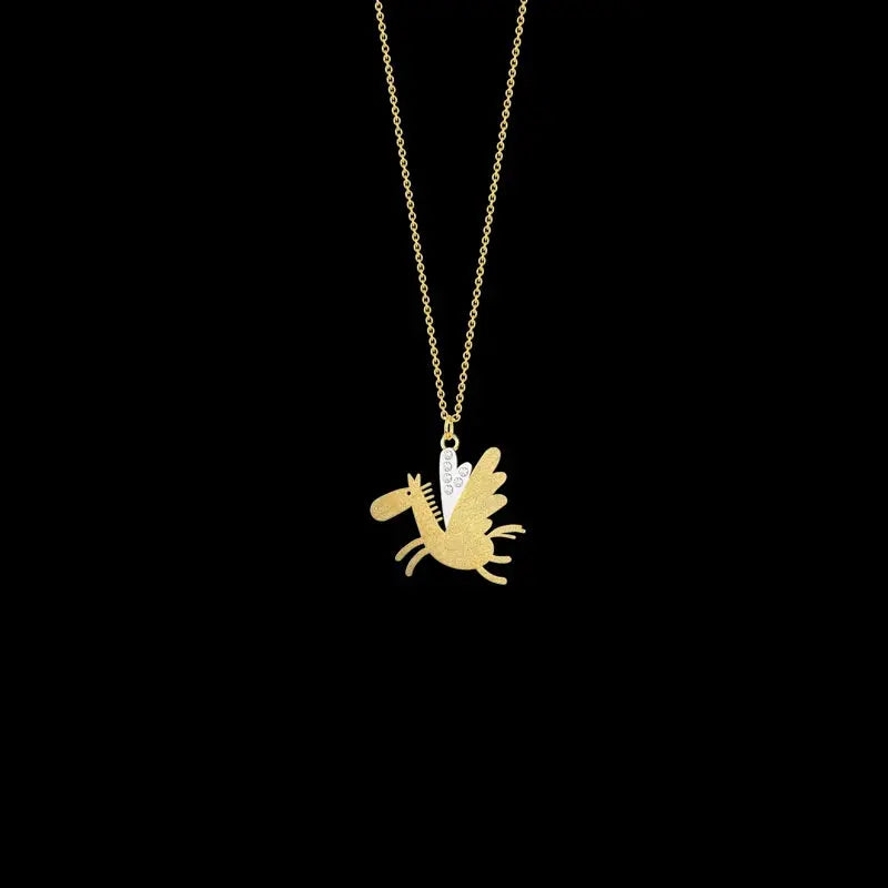 18k yellow gold diamond pegasus necklace with .020cttw  Chain Length: 18 inches  Designed by Luisa Rosas and made in Portugal