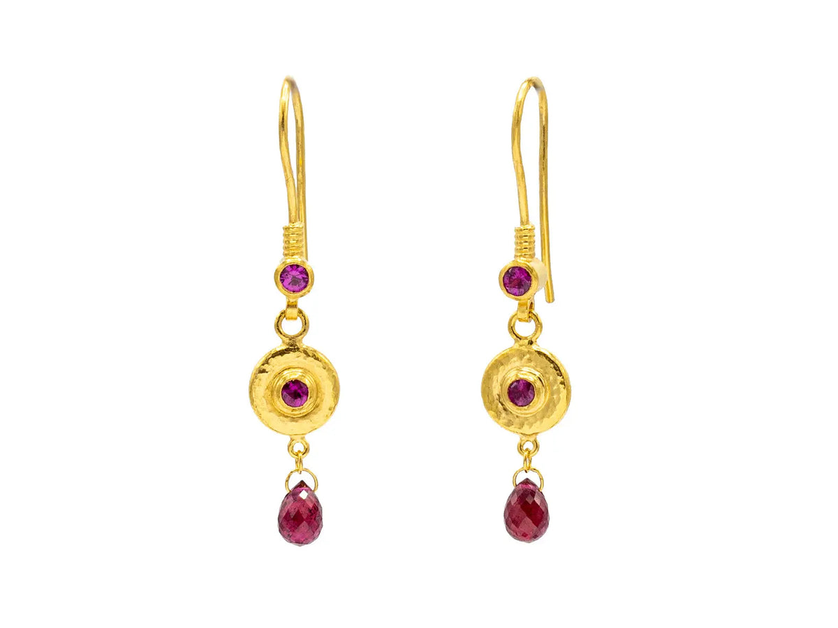 GURHAN Droplet Gold GURHAN Drop Earrings, Long Wire Hook, with Ruby - Squash Blossom Vail