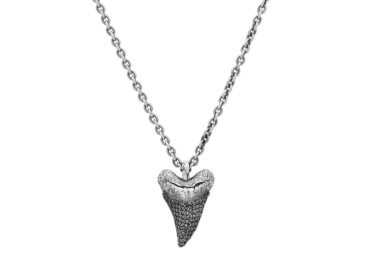 Necklace, Silver w/ 18mm shark tooth with 1.10mm round brilliant cut black diamonds, Ctw:0.44, 24&quot; silver chain with silver fold over skull clasp - Squash Blossom Vail