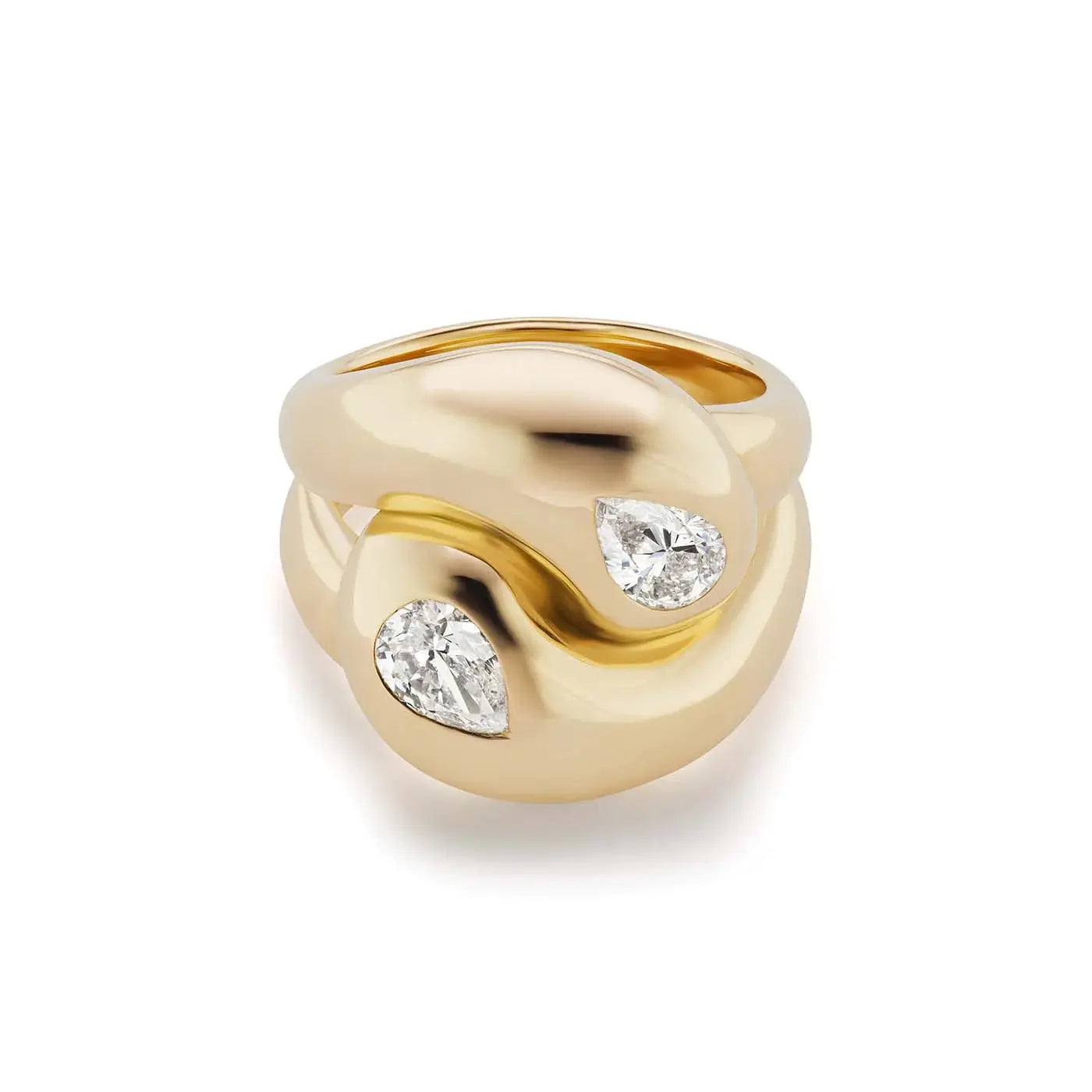 Wear this statement Brent Neale ring as a stylish cocktail ring. These ring is 18K yellow gold is set with a brilliant white pear shaped diamonds. Wear this ring on a pointer or middle finger! The ring face measures just under 3/4" and the band with is 5mm. The diamonds are 6mm x 4mm each. The ring is size 7,  Contact Us for a different size,