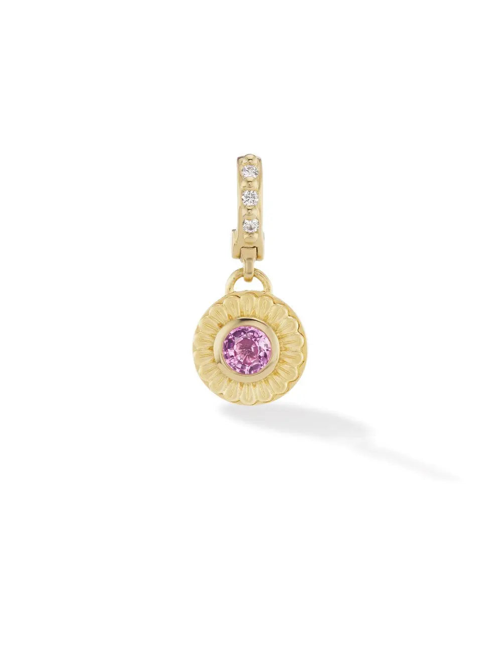 The Mandala symbol is often found in Hinduism and Tibetan Buddhism, where it represents the interconnected, all encompassing nature of the universe. Sacred geometry symbol used in meditation.  Mantra: "Open me up towards possibility".   SPECIFICATIONS  18K Yellow Gold Size: 10mm Stone: 5mm Emerald or Pink Sapphire Bale is set with Diamonds and opens enabling easy interchange with other OM jewels Chain not included  If an item is out of stock, please allow 4-6 weeks for delivery