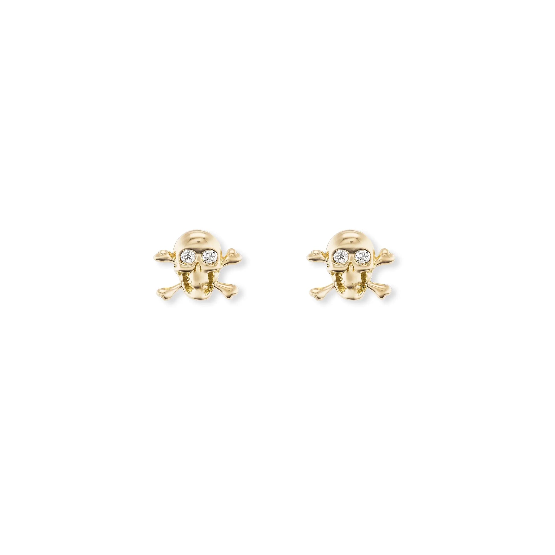 Brent Neale's pieces are so much fun. These studs are so cool and great for a second hole. They are 18K Yellow Gold and Diamonds with a Skull and Crossbones. They measure 5.5mm x 6.7mm and are post and nut closure.