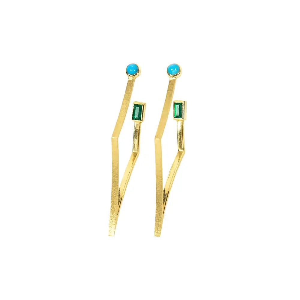 18K yellow gold large falling star hoops with round turquoise cabochons bezel set at post and baguette emeralds bezel set at back.   Post and Nut Closure  Designed by Samantha Louise and made in Colorado
