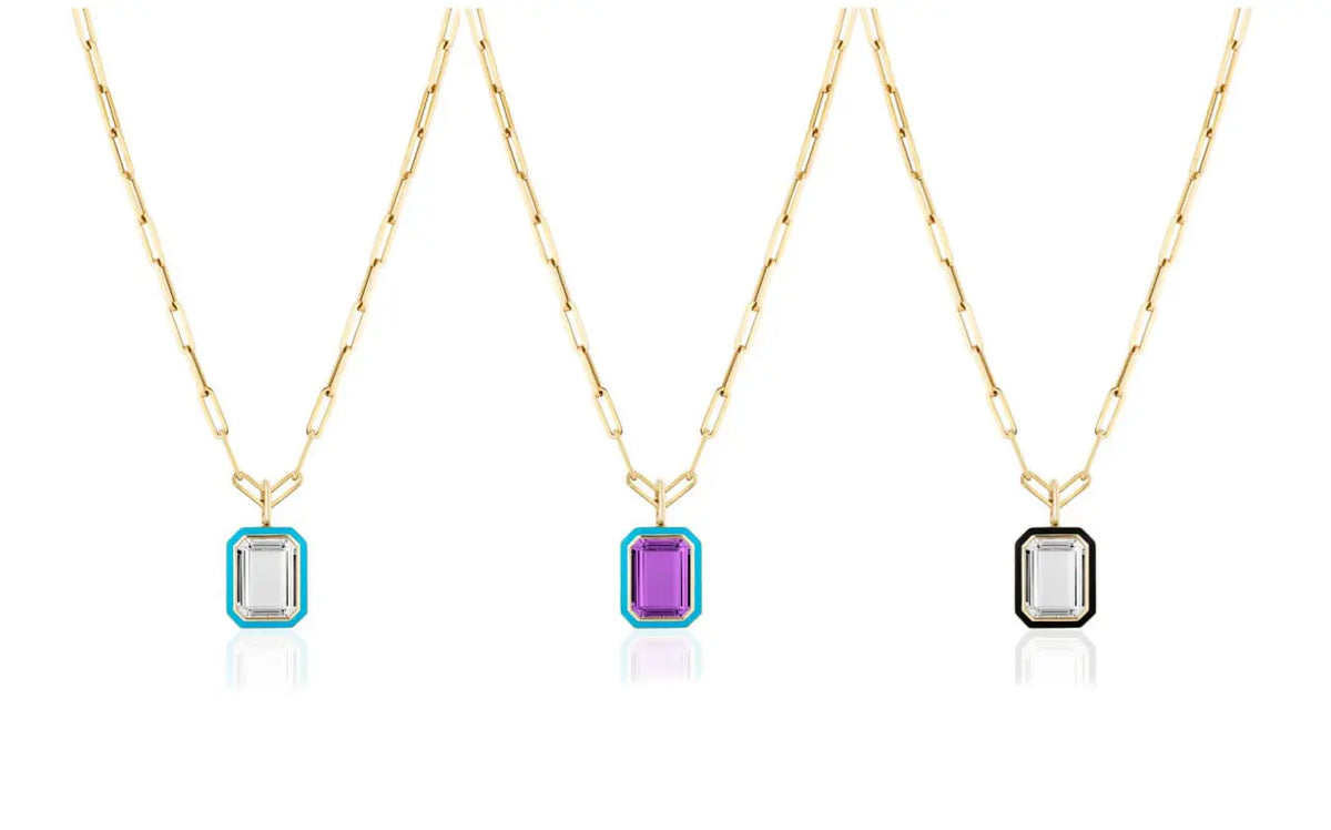 Queen&#39; Flat Rock Crystal Pendant With Turquoise Enamel and Chain - Squash Blossom Vail