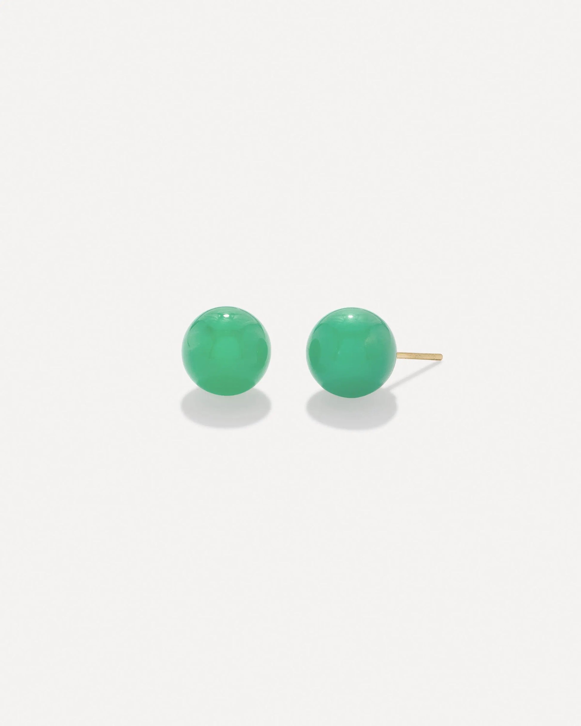 18k yellow gold studs in chrysoprase in 11mm  Earring weight 2.5 grams each Post and Nut Closure Designed and handmade in Los Angeles If an item is out of stock, please allow 3-6 weeks for delivery  Designed by Irene Neuwirth