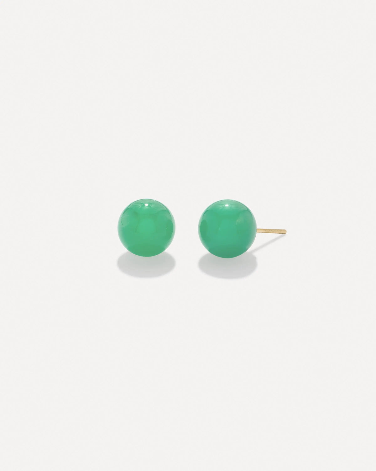 18k yellow gold studs in chrysoprase in 11mm  Earring weight 2.5 grams each Post and Nut Closure Designed and handmade in Los Angeles If an item is out of stock, please allow 3-6 weeks for delivery  Designed by Irene Neuwirth