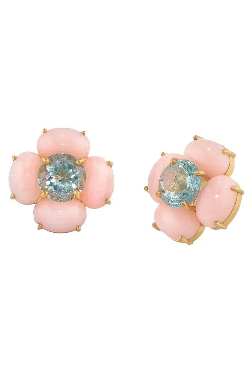 One-of-a-kind Opal and Aquamarine Flower Stud Earrings - Squash Blossom Vail