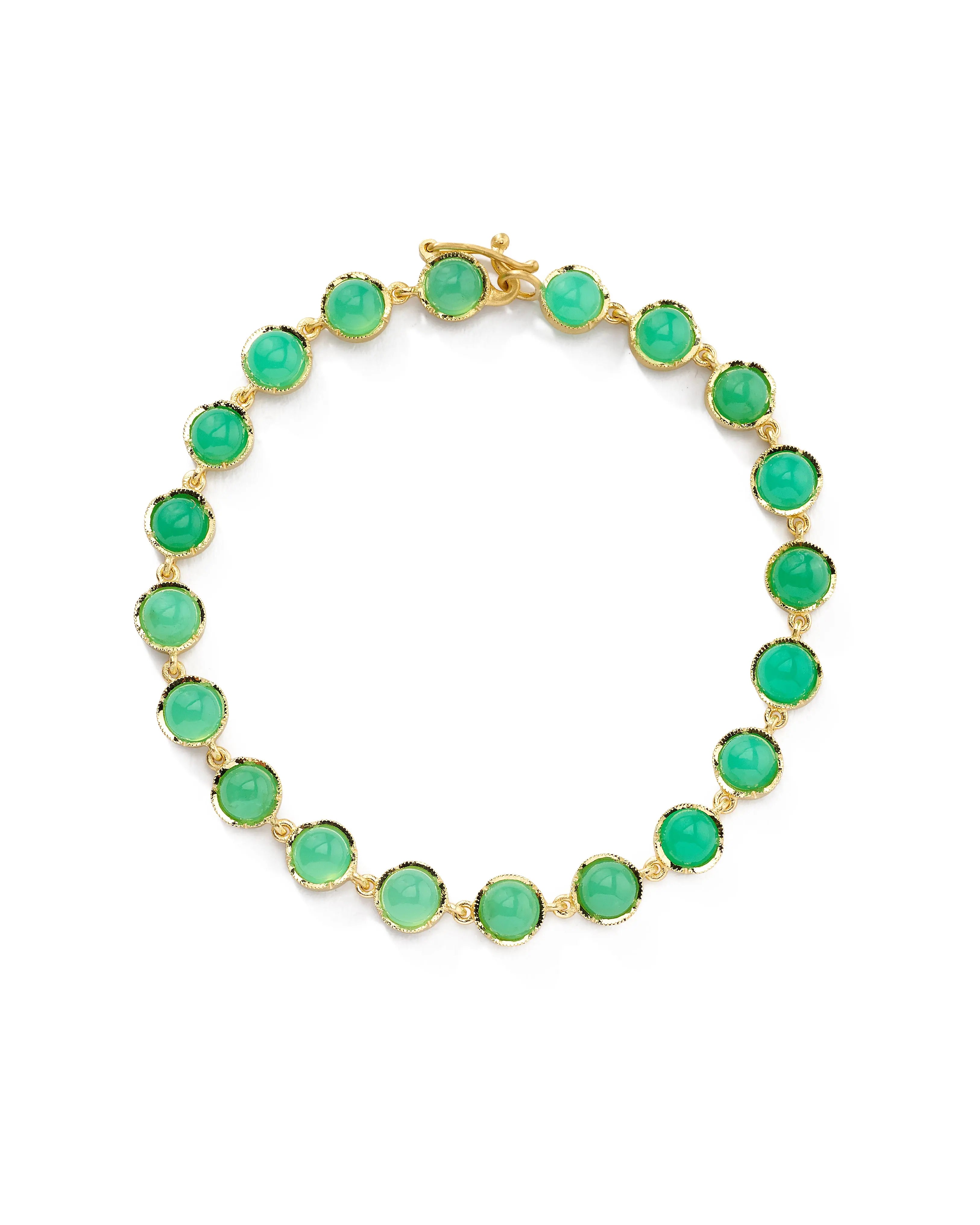 18k Yellow Gold Chrysoprase 5mm Bracelet  18k yellow gold Chrysoprase 7 inches in length Designed and handmade in Los Angeles If an item is out of stock, please allow 3-5 weeks for delivery  Designed by Irene Neuwirth