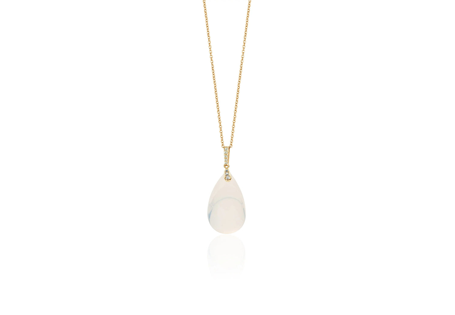 Naughty' Moon Quartz Drop Pendant with brilliant white diamonds in 18k yellow gold. The stone measures 19x12 and the weight moon quartz 17.90 cttw and diamond ~ .05 cttw.