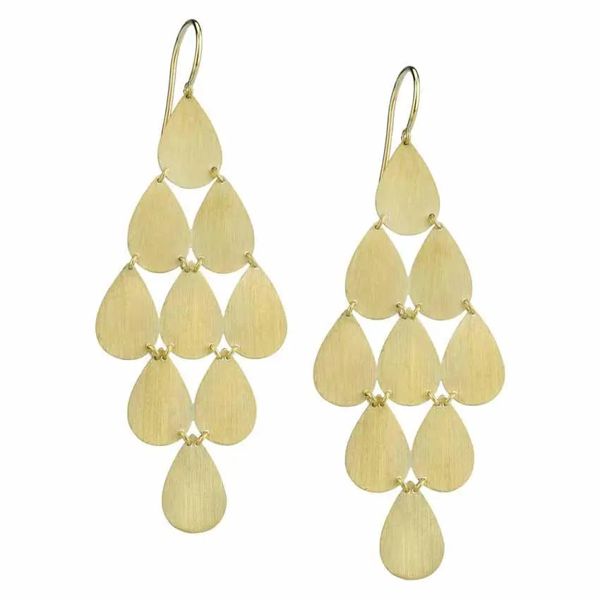 9 Drop Chandelier Earrings18K Textured gold chandelier earrings.  Measure 7cm long x 2.8cm wide.  French hook.  If an item is out of stock, please allow 3-5 weeks for delivery.   Designed by Irene Neuwirth