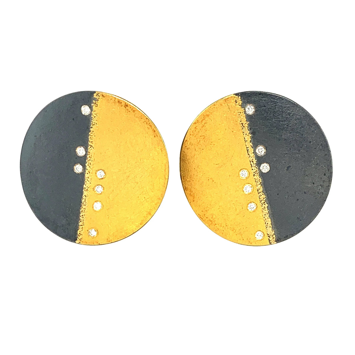 One of Kind Earrings  Large Disc Earrings in Oxidized Sterling Silver and 24k gold, .14tcw VSI diamonds, 1 1/8&quot; diameter  Designed by Atelier Zobel Peter Schmidt