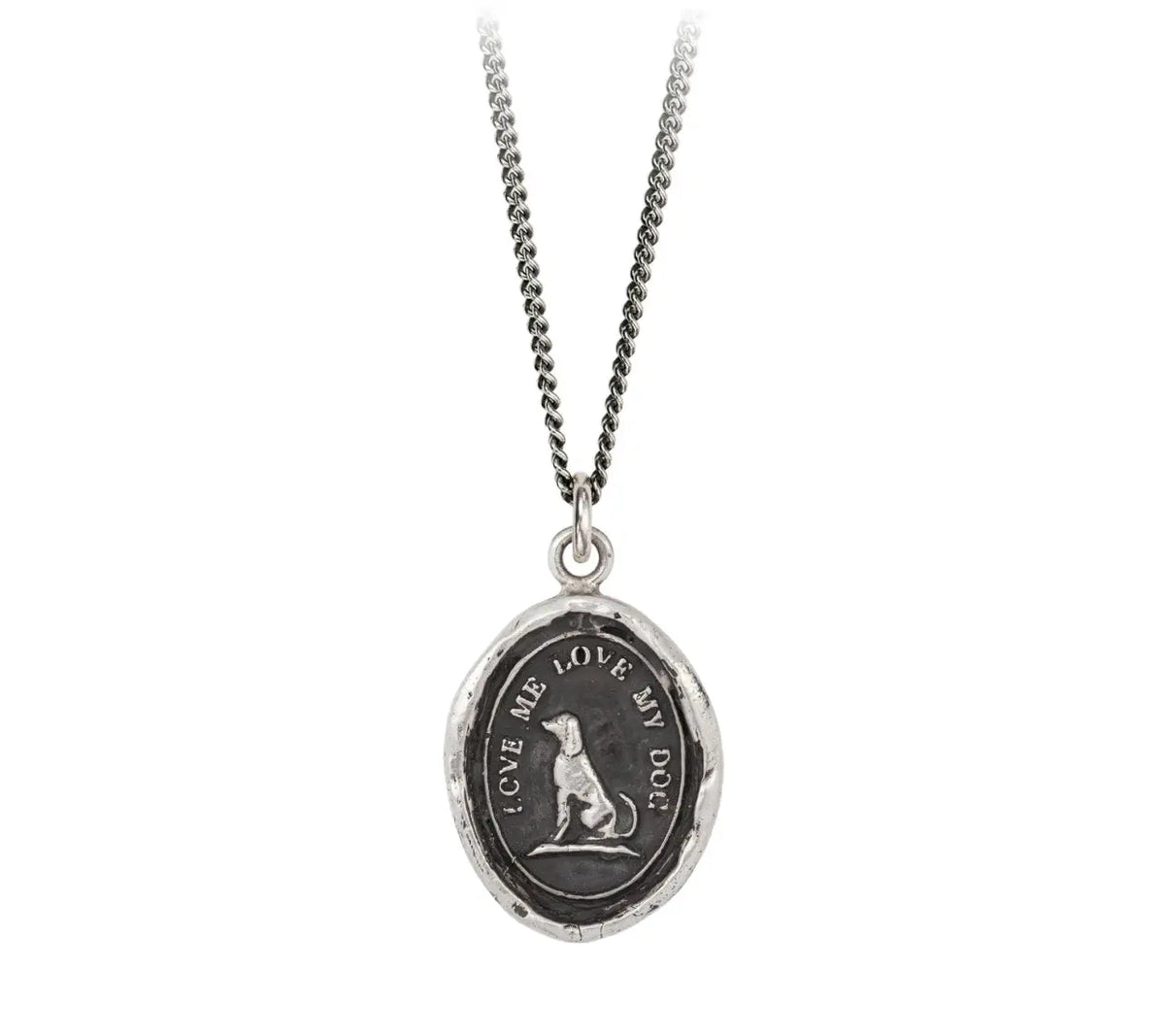 This talisman features a dog accompanied by the expression &#39;Love Me Love My Dog&#39;. The image of a dog is a symbol of unconditional love from and for one&#39;s dog.  As a certified carbon-neutral B Corp, were committed to environmental responsibility—our jewelry is sustainably handcrafted with 100% recycled metals in our Vancouver studio using antique wax seals and imagery from the Victorian era.