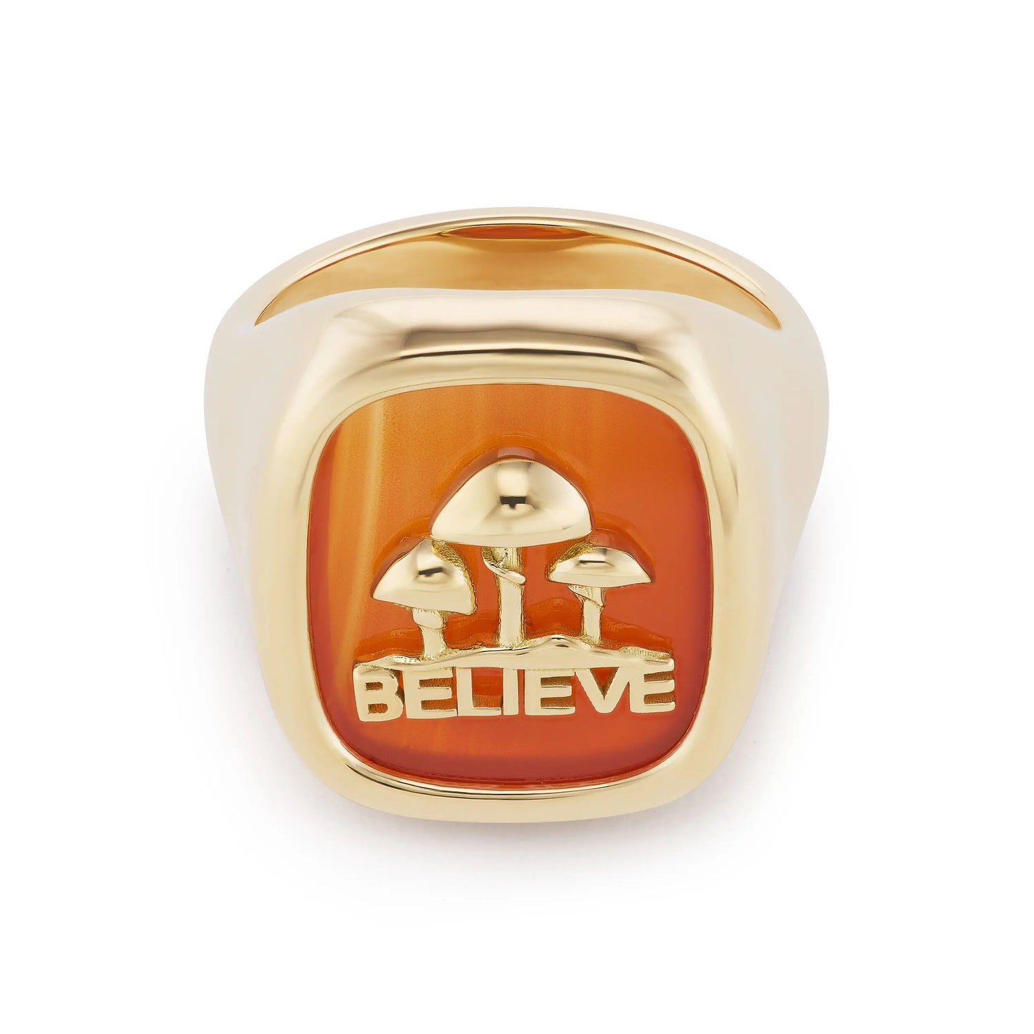 Believe" Ring set in 18K Yellow Gold with carved carnelian stone. The ring is size 6. If you need a different size, please email shop@sbvail.com.  Designed by Brent Neale and made in New York