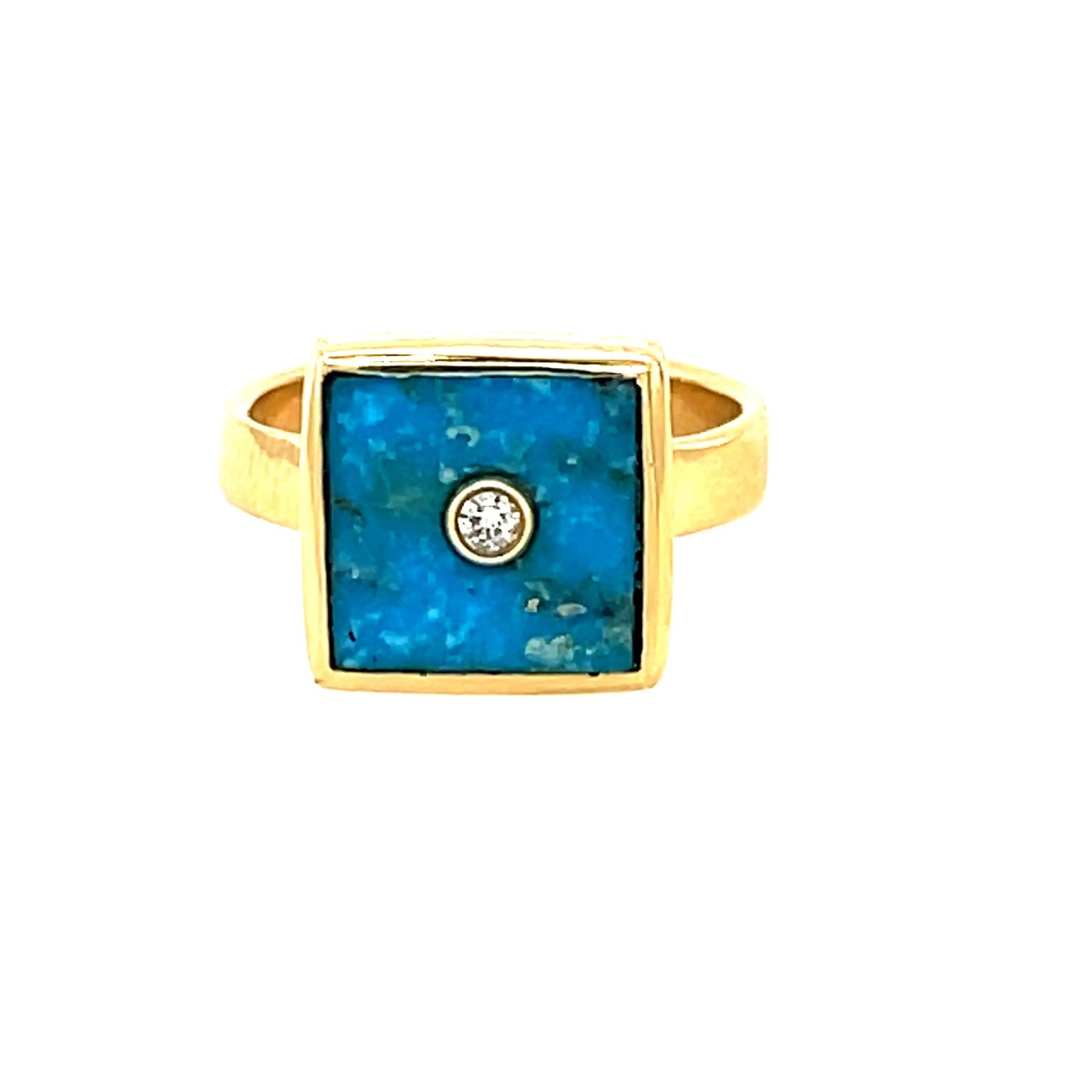 An amazing one of a kind turquoise ring!  14k yellow gold Turquoise and diamond ring  Size 6.25  Exclusive from Stevie's Jewel Box