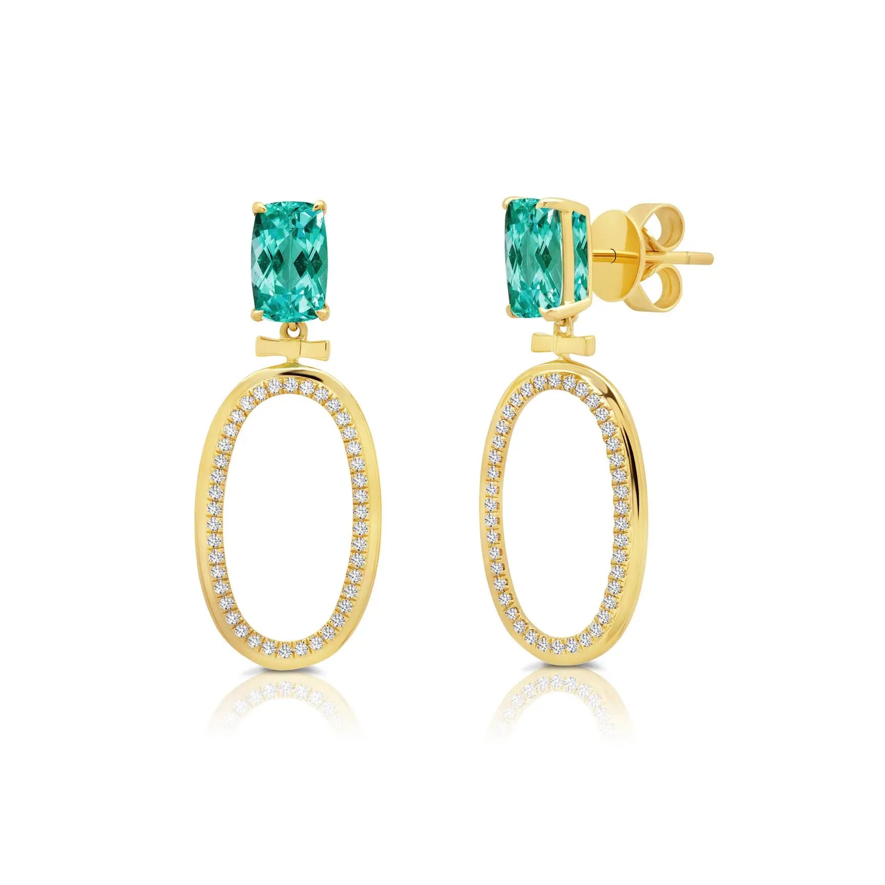 18k yellow gold with 2.24 Carats of Graziela Blue-Green Tourmaline, .27 Carats of G-H Color White Diamonds  Measurement:  Earring Measures 1 CM W X 3 CM Finishing:  Post & Clutch Back Designed by Graziela Gems