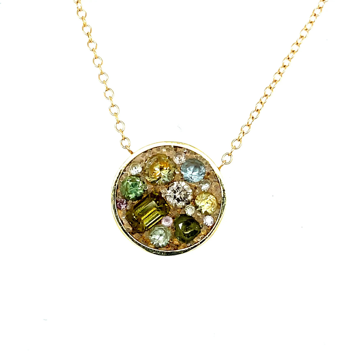 Large Circle Pendant with Chrysoberyl Sapphires and Diamonds on Chain - Squash Blossom Vail