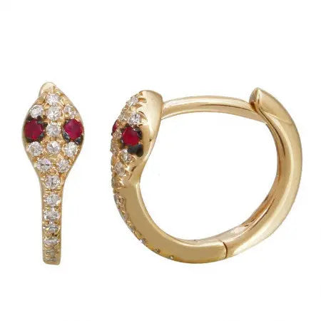 14k yellow gold snake huggies with .11 cttw of diamonds with rubies as eyes. Sold as a pair,