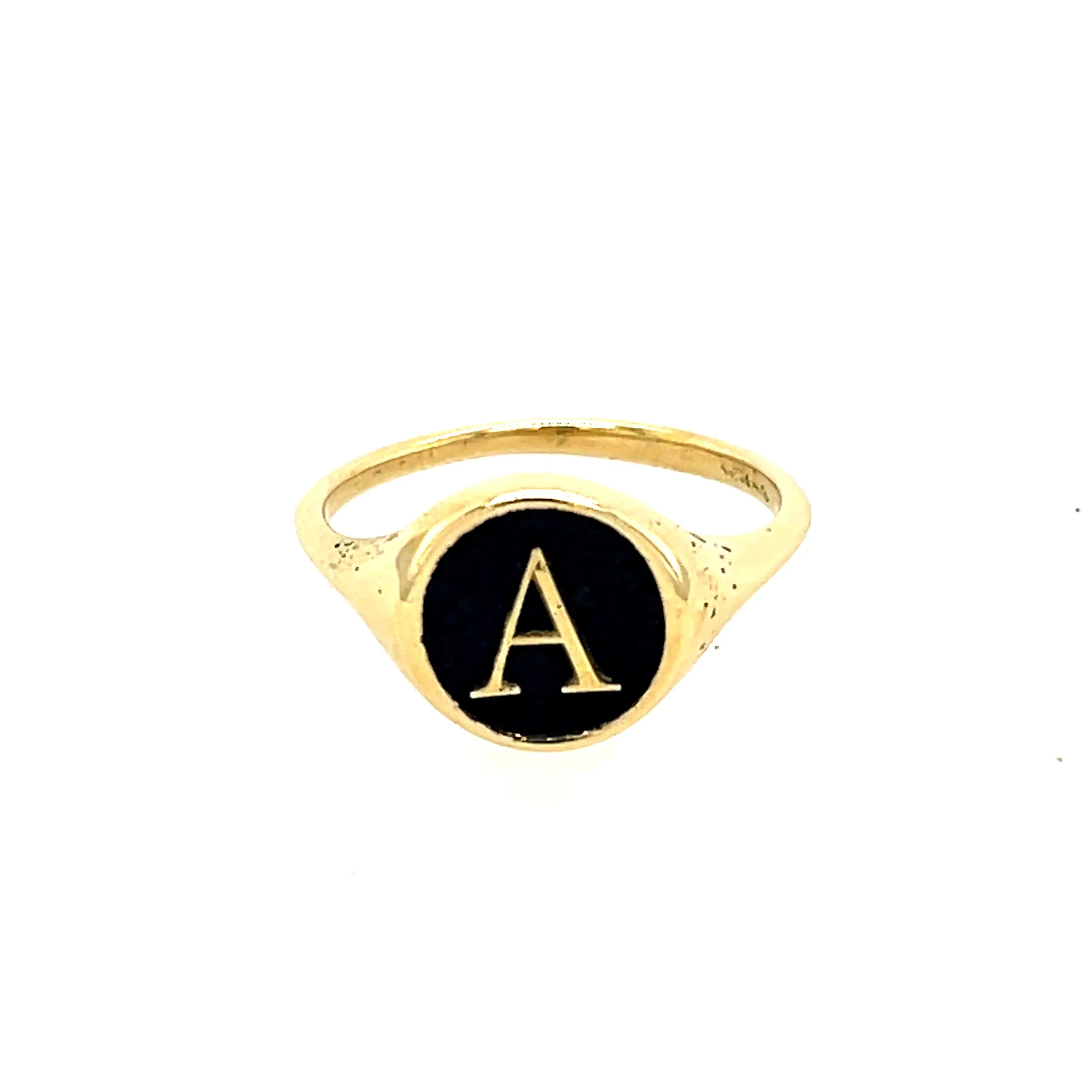 One of a kind terrazzo ring with a small 14k yellow gold letter "A" Alphabet   Ring Size: 6  If you need a different size, please email shop@sbvail.com  Designed by Miles McNeel and made in LA