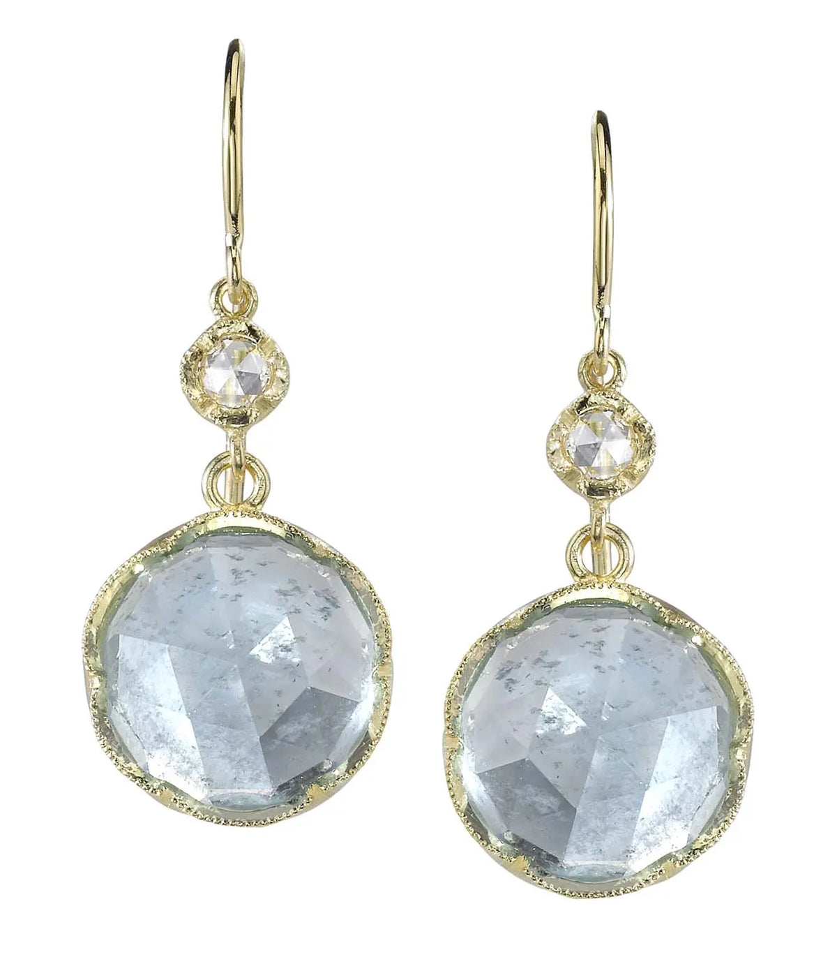 18k yellow gold earring with Aquamarine   18k yellow gold Fine aquamarine 11mm Diamonds .16 carats 1.3 inches in length Earring weight 2.5 grams each Designed and handmade in Los Angeles Designed by Irene Neuwirth