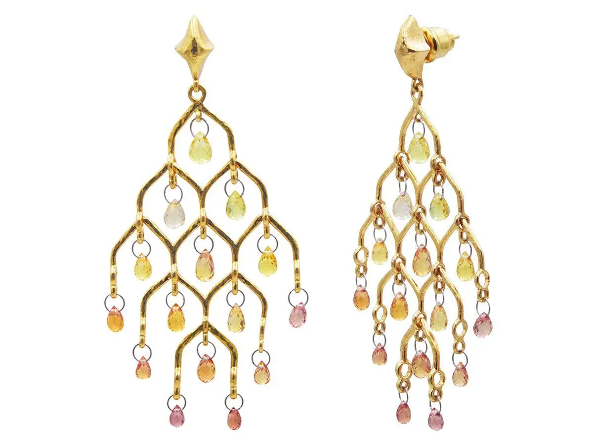 One-of-a-Kind Dew Hue Gold Chandelier Earrings, with Sapphire - Squash Blossom Vail