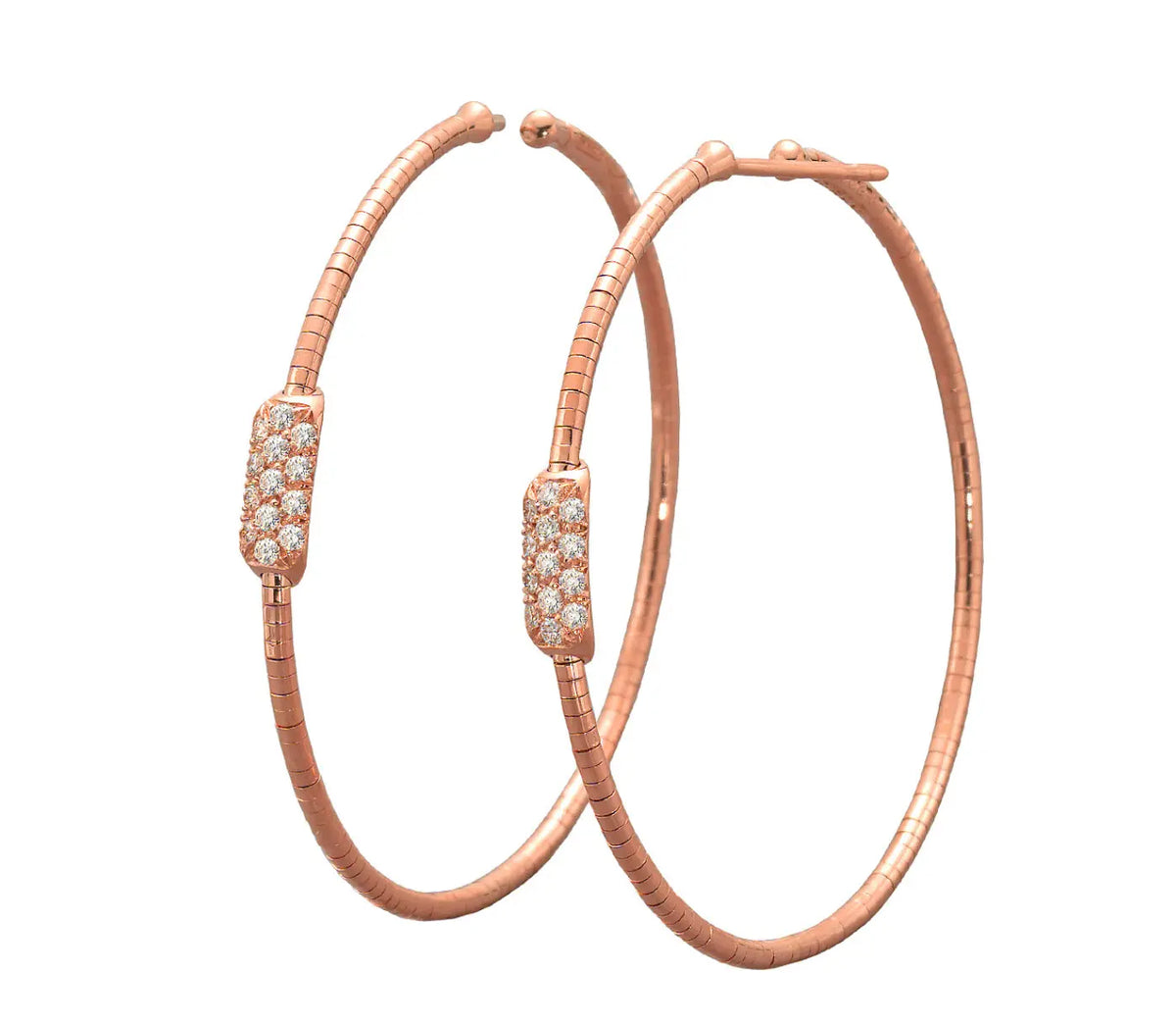 18K Rose Gold Hoop Earrings with .27ct Pave Diamonds   Length: 2 inches  Designed by Mattia Cielo and made in Italy