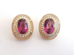 Rubelite, Carved Rock Crystal, &amp; Diamond Earrings - Squash Blossom Vail