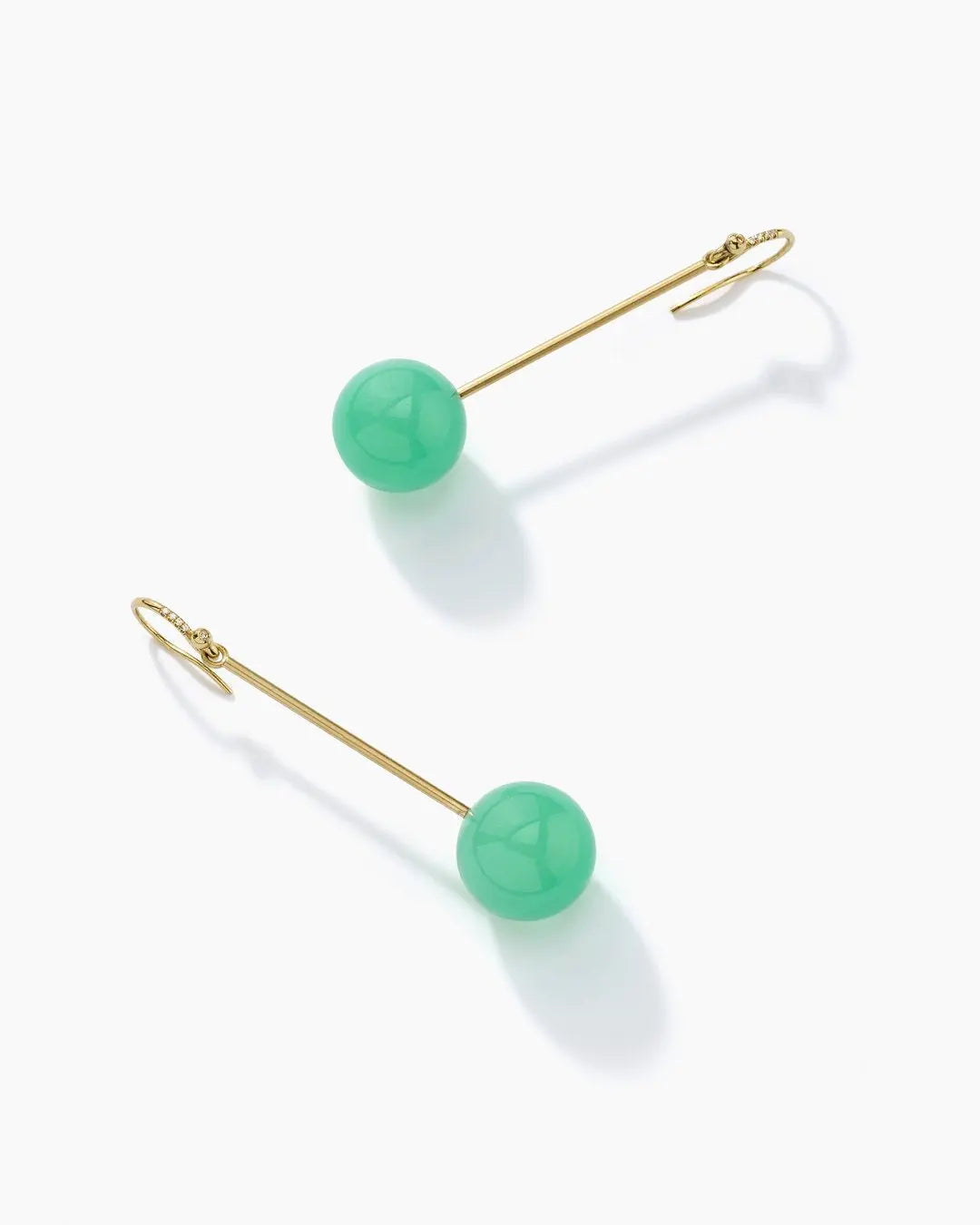 18k yellow gold Earrings set with 16mm Chrysoprase Sphere on Pave Hooks (0.03 cts) Designed by Irene Neuwirth