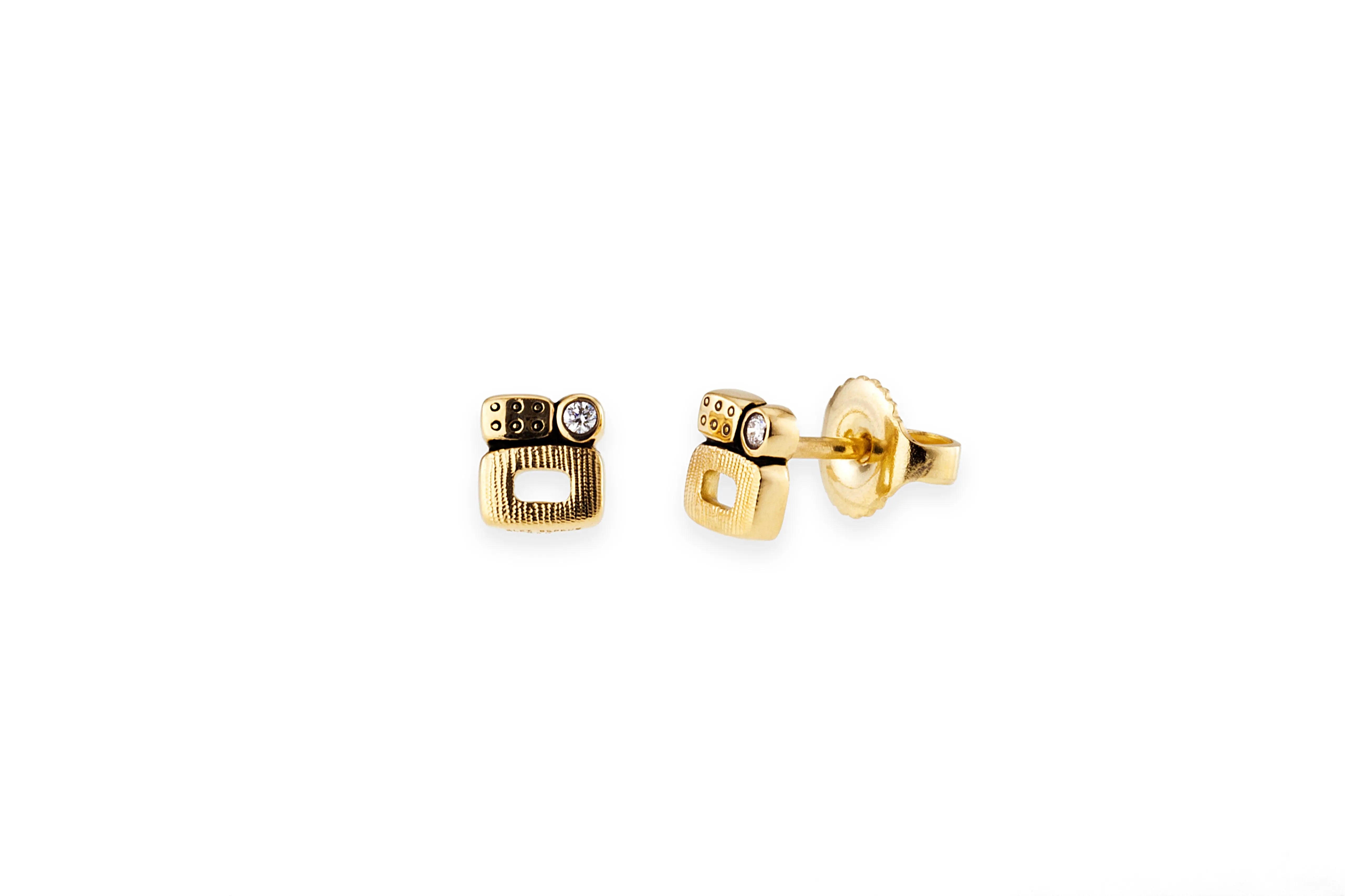 18k yellow gold "Little Windows" Stud with two diamond .02 cttw Earrings  Sold as a pair  Designed by Alex Sepkus
